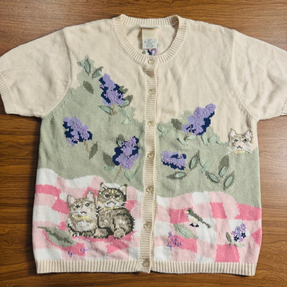 Northern Reflections Vintage Cat Floral Ribbon Embroidered Cardigan Sweater M